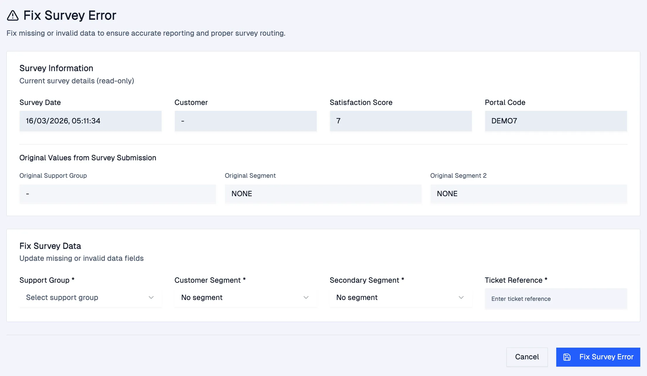 Fix Survey Error screen showing read-only survey information above the fields that need correcting