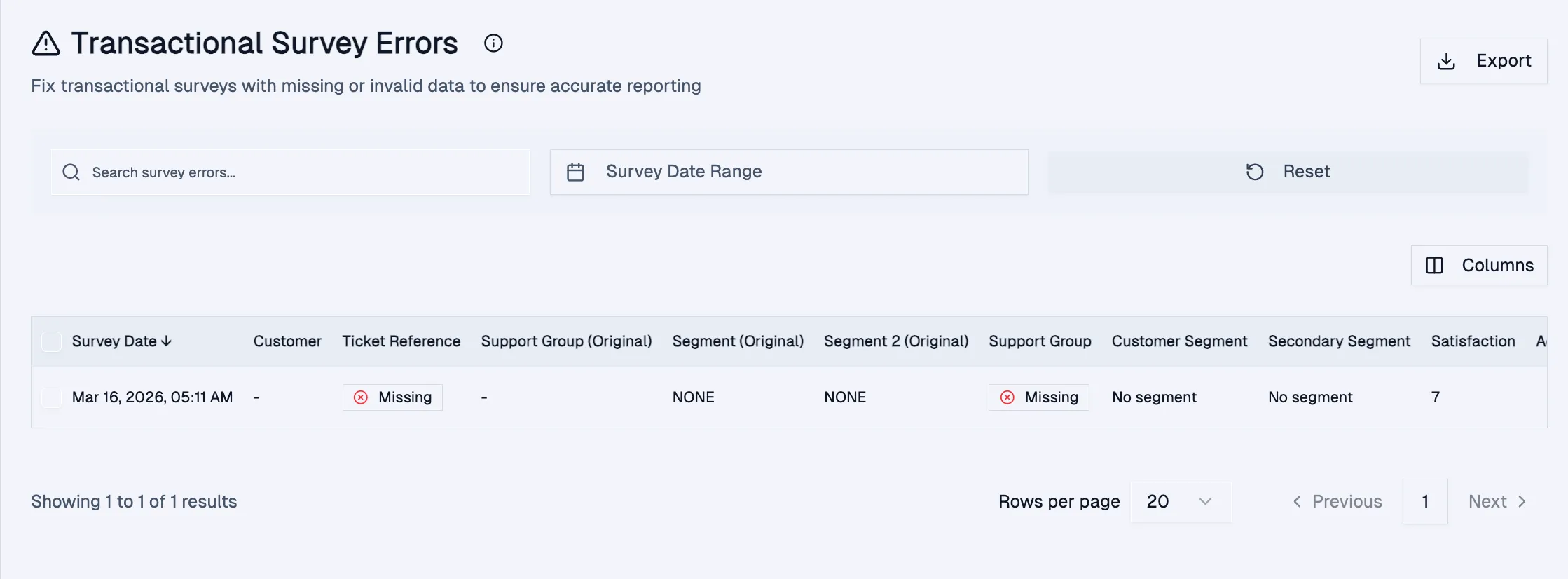 Transactional Survey Errors list with one row showing Missing ticket reference and support group